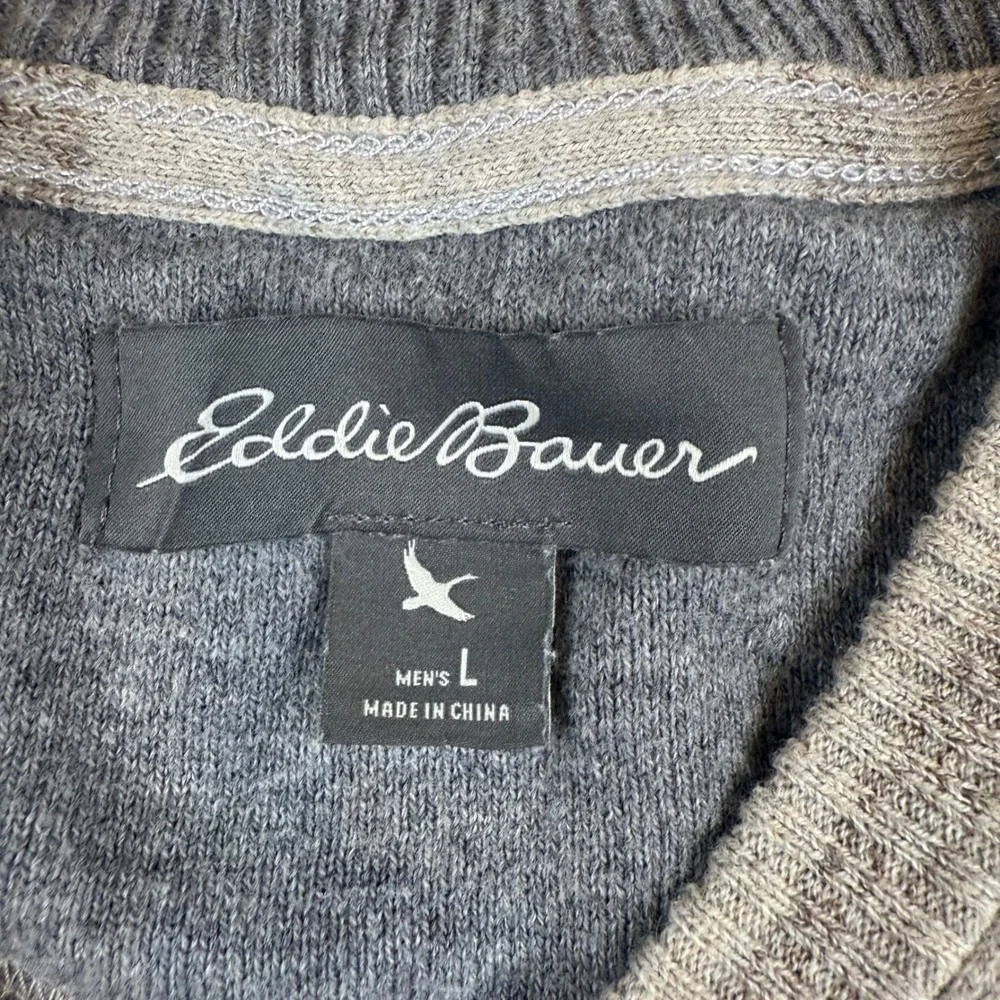 Eddie Bauer Mens Large V-Neck Sweater Tan Grey Cotton Merino Wool Blend L/S‎